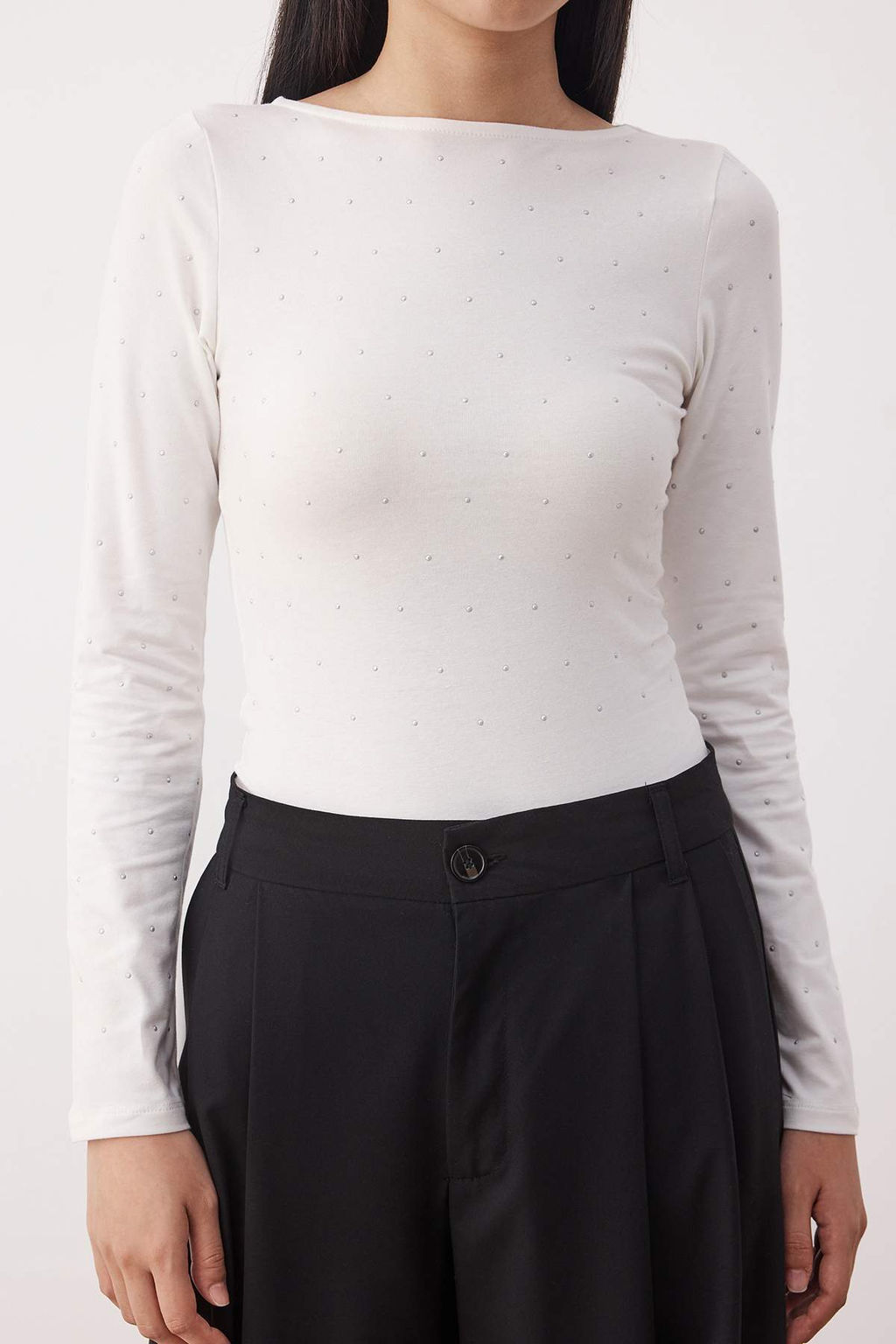 TRENDYOLMILLA Siyah Parlak Tas Bask?l? Pamuklu Uzun Kol Esnek Alttan C?tc?tl? Orme Body TWOAW24BD00059  фото 3