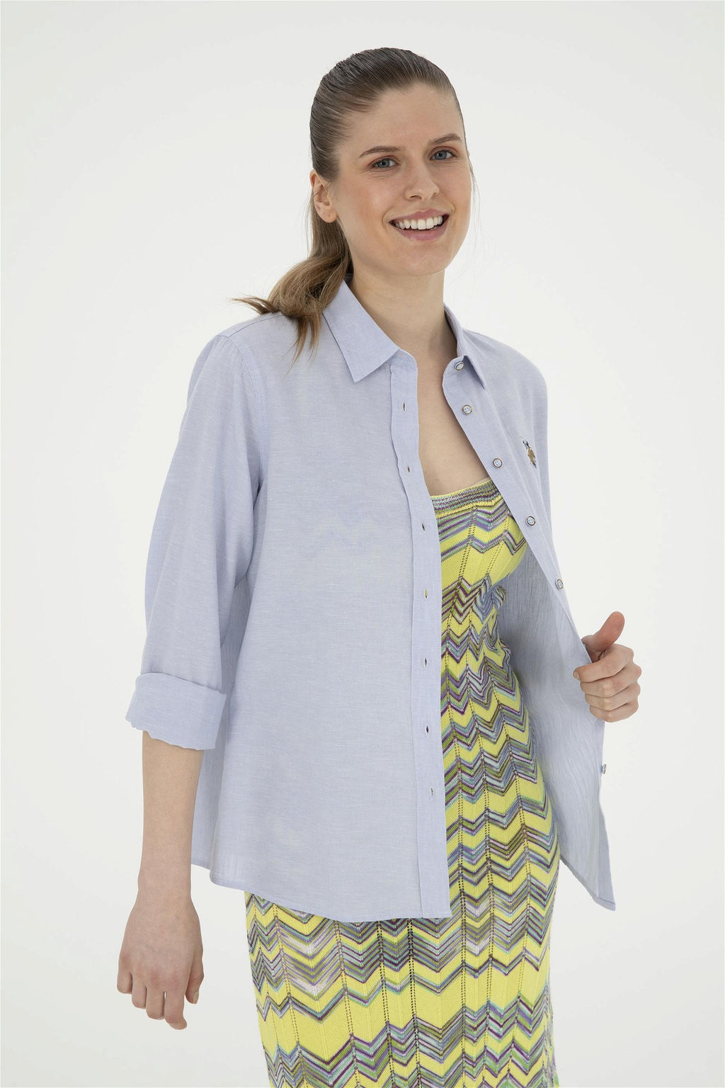 Женская голубая базовая рубашка с длинным рукавом Неожиданная скидка в корзине - U.s. polo assn фото 3