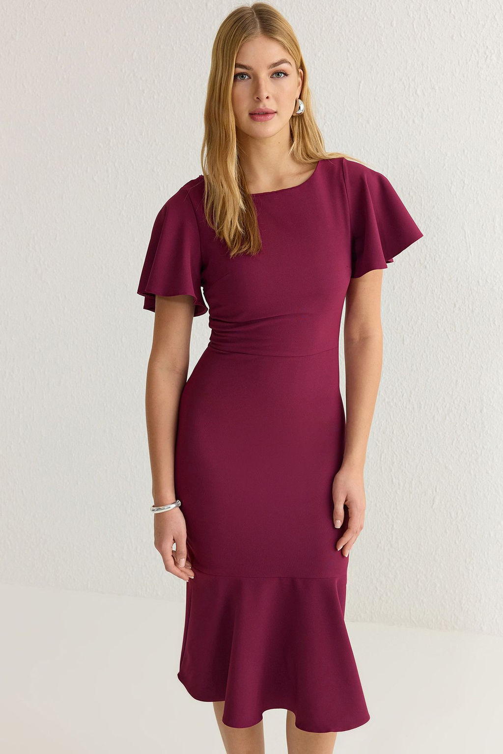 Mor Fitted/Vucuda Oturan Volanl? Astarl? Midi Dokuma Elbise TWOSS20EL1342