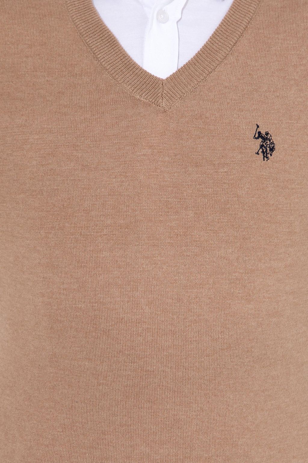 U. S. Polo Assn Мужской базовый трикотажный свитер светло-коричневого цвета с v-образным вырезом и меланжевым принтом - U.s. polo assn фото 6