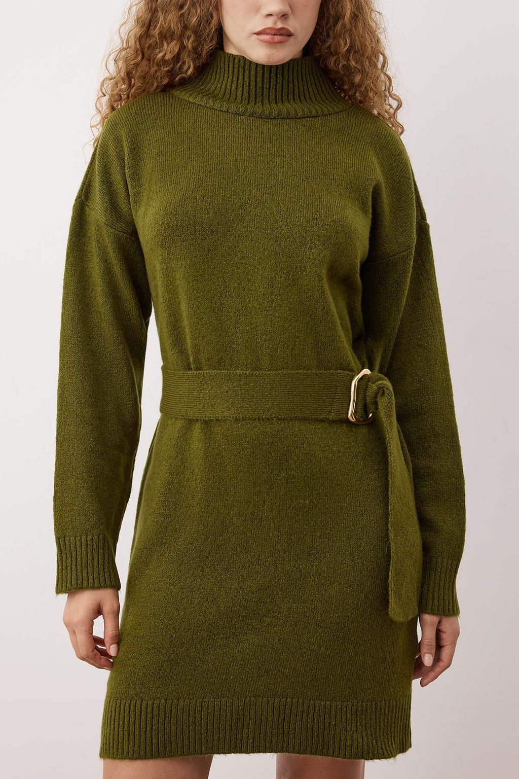 Haki Duz K?sa / Mini Yumusak Dokulu Oversize Kusak Detayl? K?sa/Mini Triko Elbise TWOAW26EL00155 - Trendyolmilla фото 3