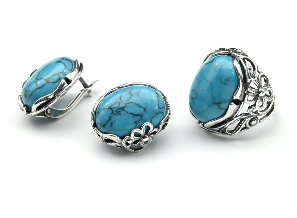 Кольцо Серьги бирюза (имитация) размер 18