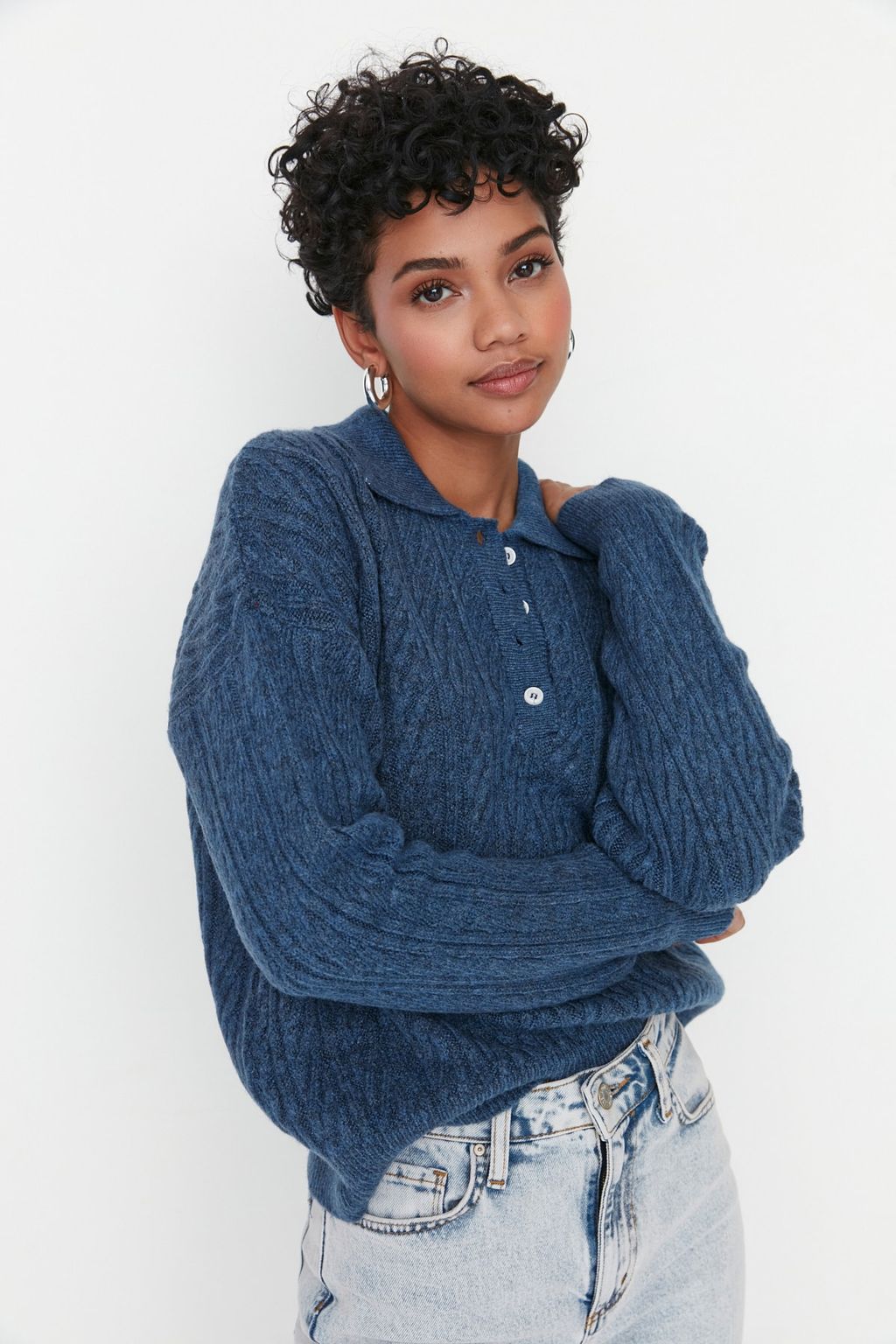 Indigo Genis Kal?p Yumusak Dokulu Triko Kazak TWOAW21KZ2635