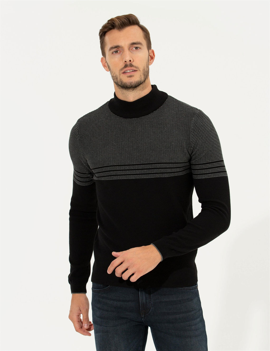 Siyah Slim Fit Yar_m Bal_k__ Yaka Triko Kazak - Pierre cardin фото 4