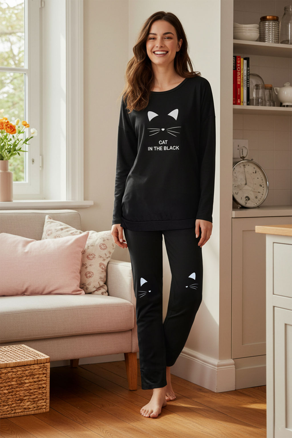 Trendyolmilla Siyah-Beyaz %100 Pamuklu Bask?l? Orme Pijama Tak?m? THMAW22PT0611 фото 9