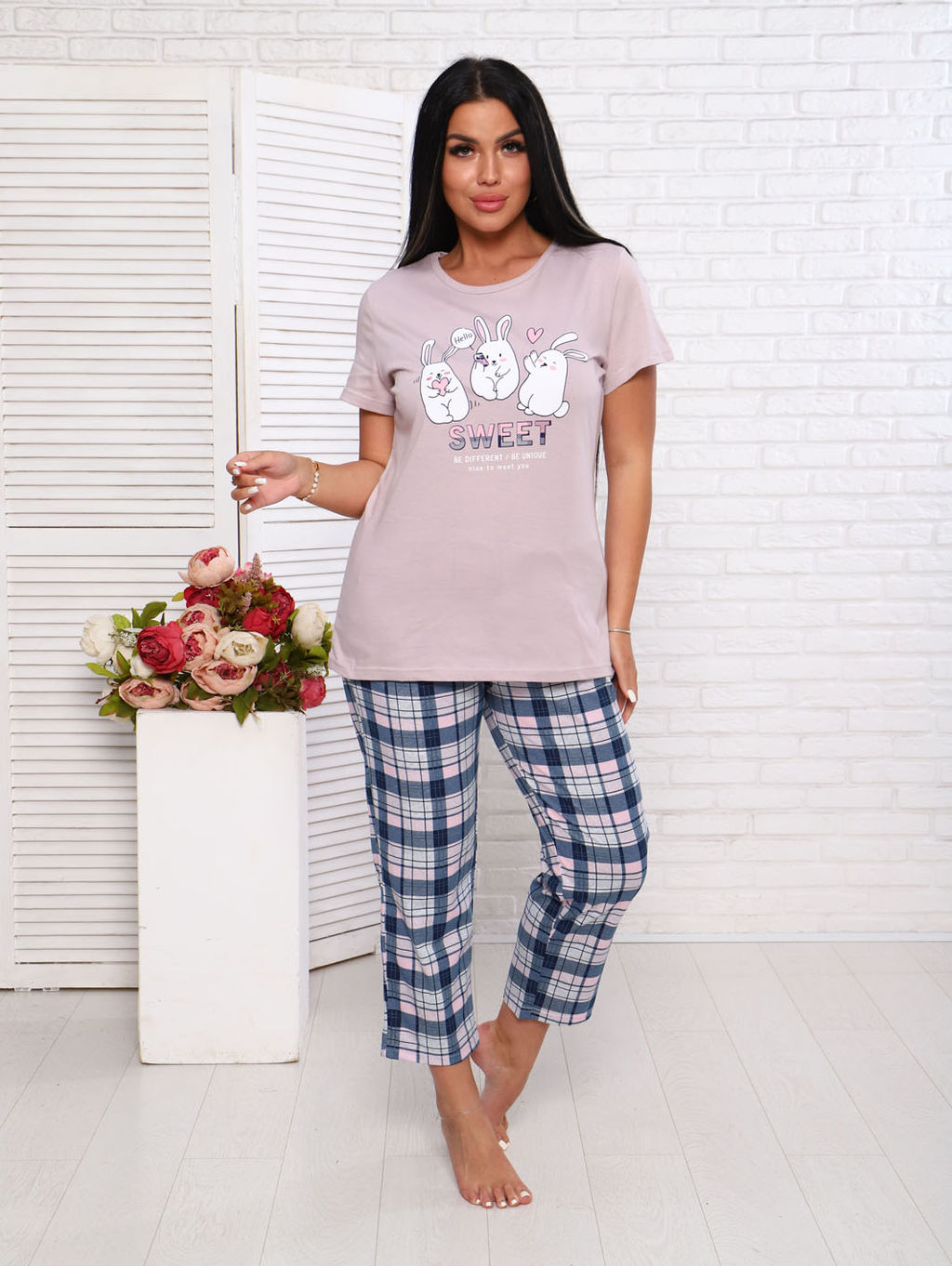 Костюм с брюками, принт, розово-бежевый (935-1)