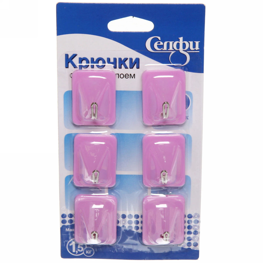 Цена за 10 шт. Крючки в наборе 6шт на липком слое "ИДЕЯДОМА", форма прямоугольник, цвет лиловый, нагрузка 1,5кг