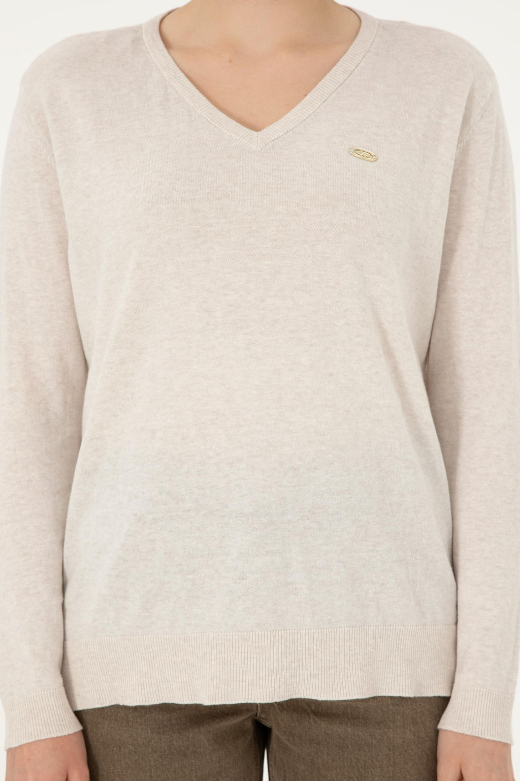 Женский кремовый меланжевый базовый свитер с v-образным вырезом Неожиданная скидка в корзине - U.s. polo assn фото 6