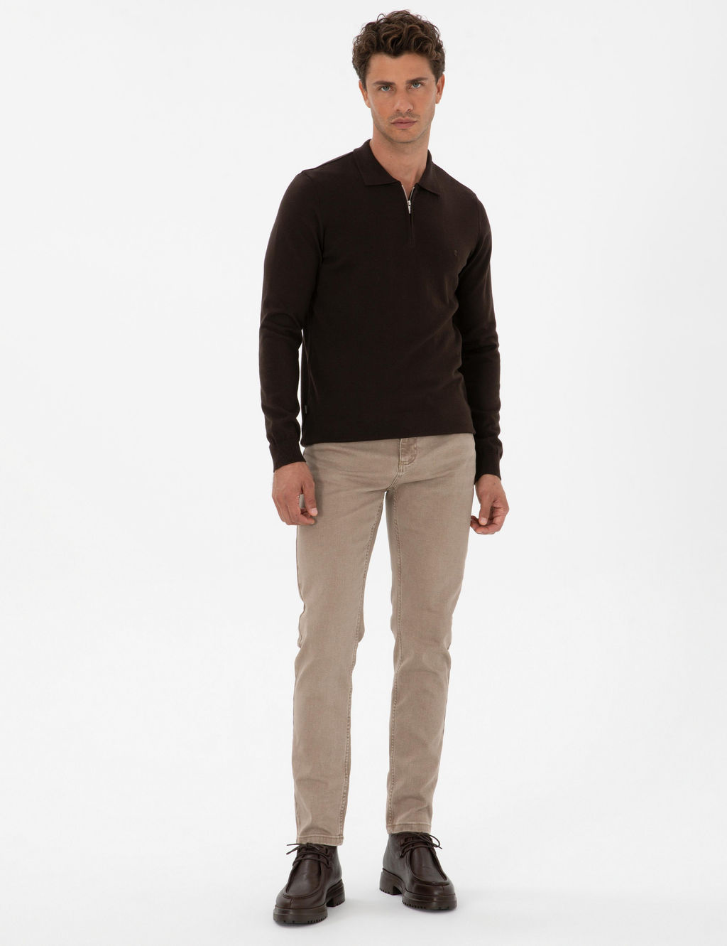 Koyu Kahverengi Slim Fit Polo Yaka Fermuarl_ Basic Triko Kazak - Pierre cardin фото 4