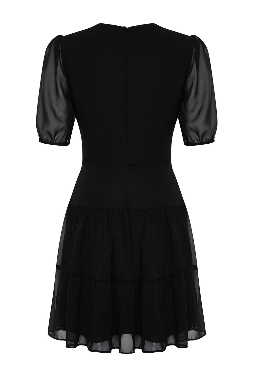 Siyah Belden Ac?lan Volanl? Sifon Astarl? Mini Dokuma Elbise TWOSS24EL00634