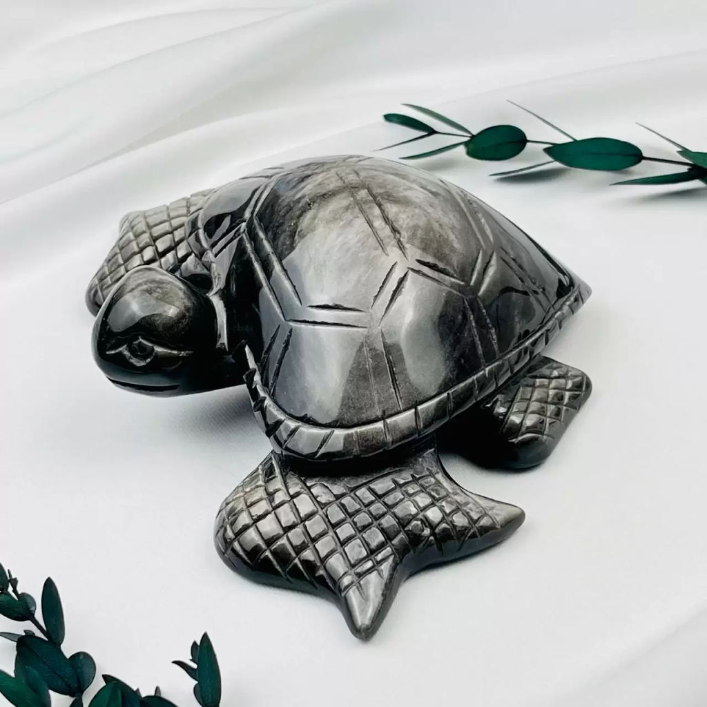Радуга Самоцветов Фигурка резная Черепаха из серебристого Обсидиана  фото 4