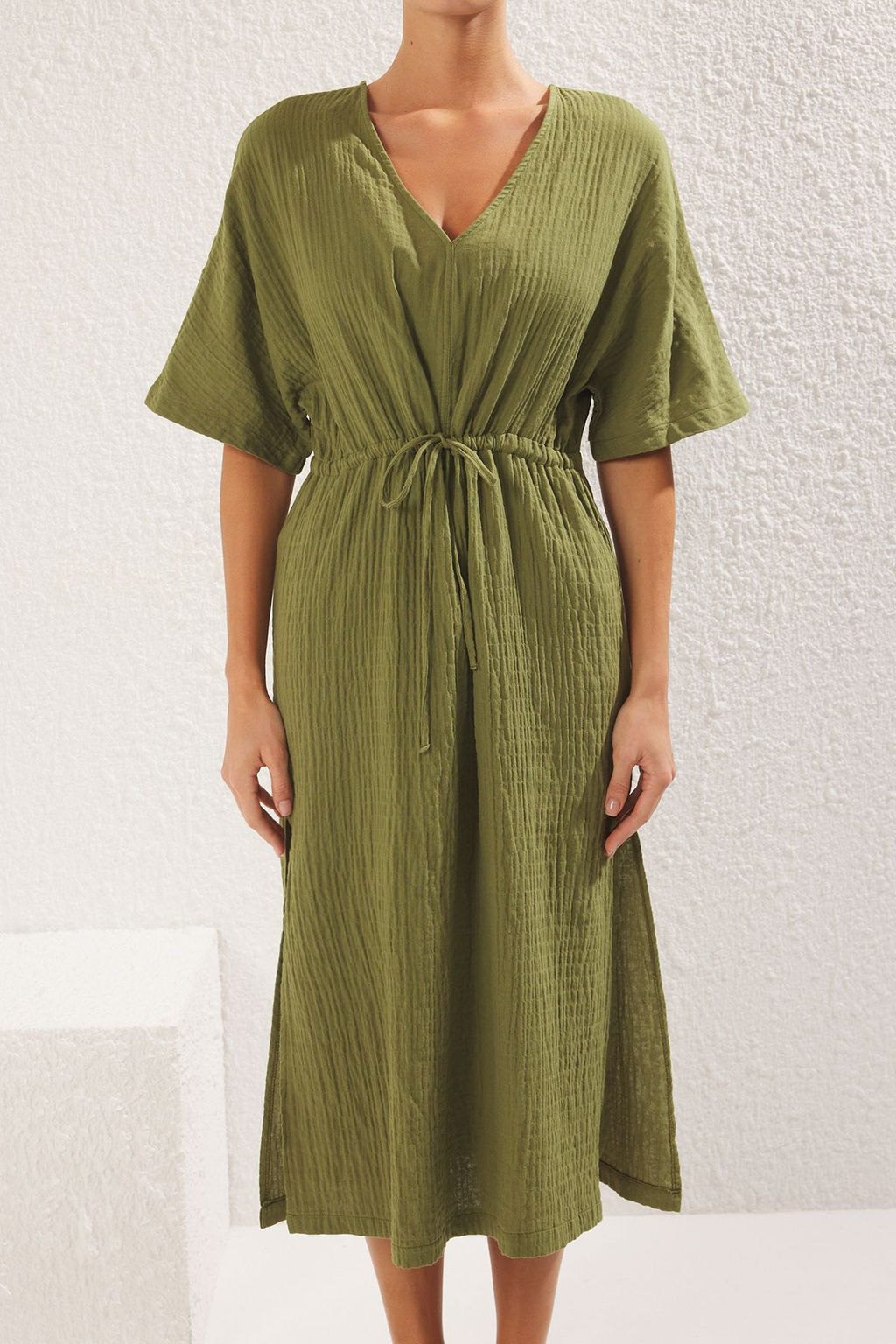 Trendyolmilla Haki Midi Dokuma Buzgu Detayl? Muslin Plaj Elbisesi TBESS25EL00008  фото 4