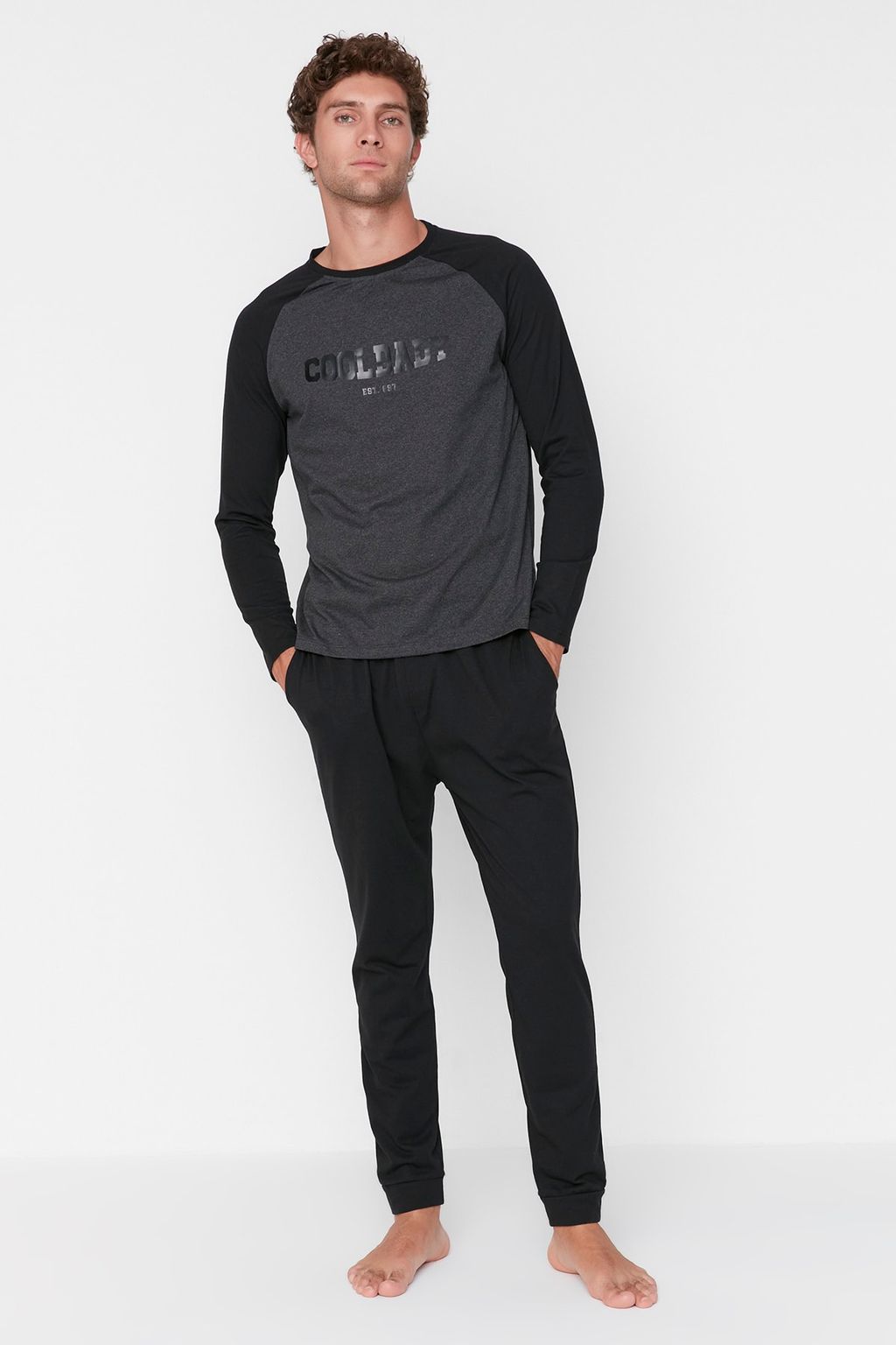 TRENDYOL MAN Siyah-Antrasit Regular Fit Bask?l? Reglan Kol Orme Pijama Tak?m? TMNAW23PT00032 - Trendyolmilla фото 9