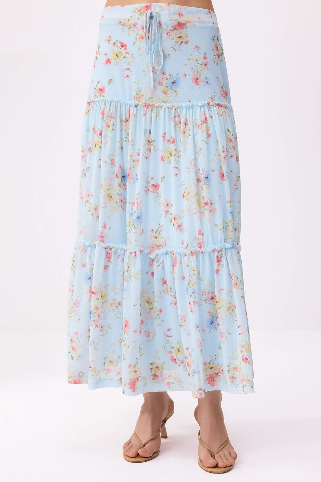 Ac?k Mavi Tul Cicek Bask?l? Buzgu/Drape Detayl? Esnek Etek TWOSS25ET00064