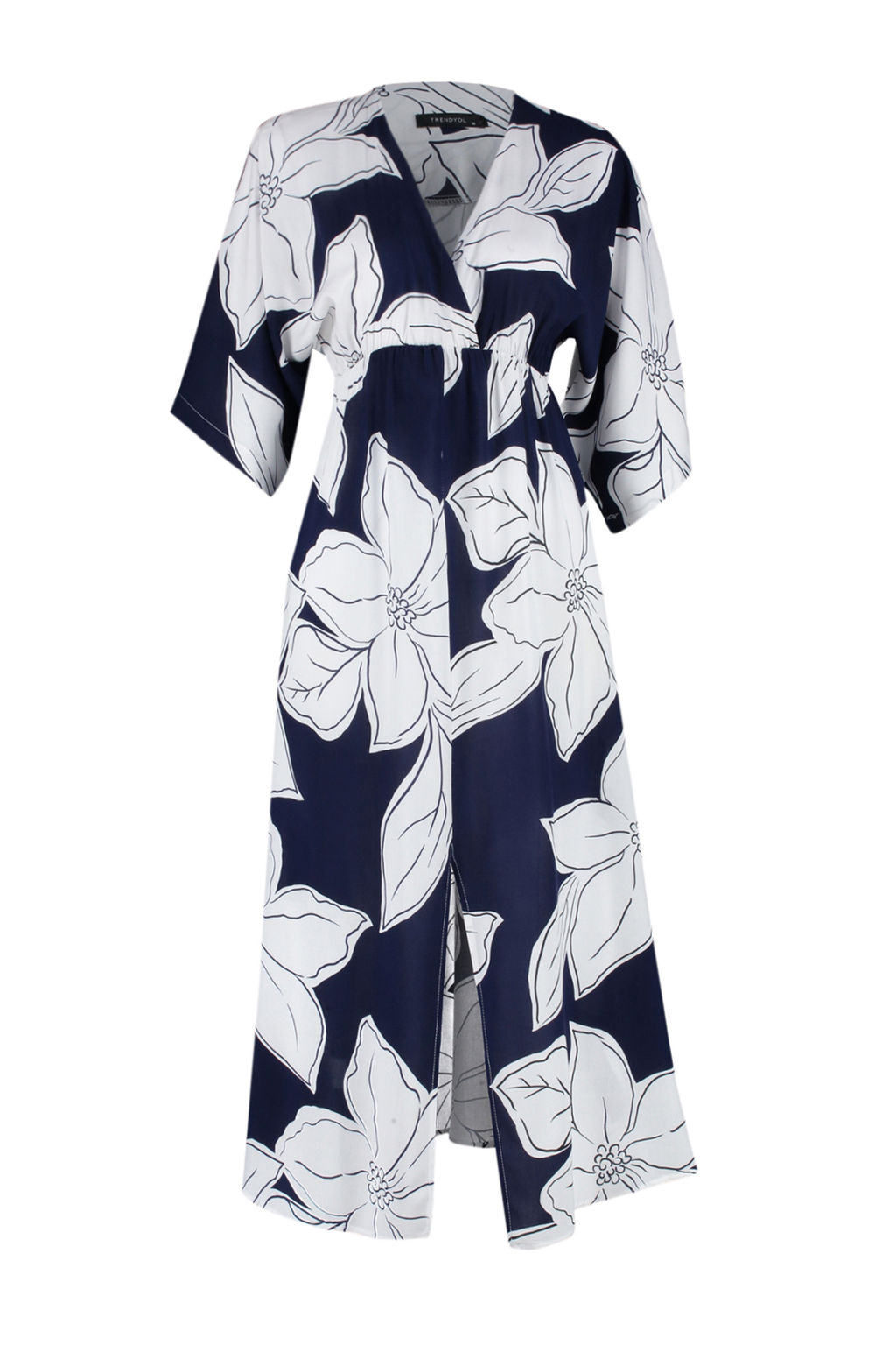 Lacivert Cicek Desenli A Kesim Kruvaze Yaka Midi Dokuma Elbise TWOSS24EL00913