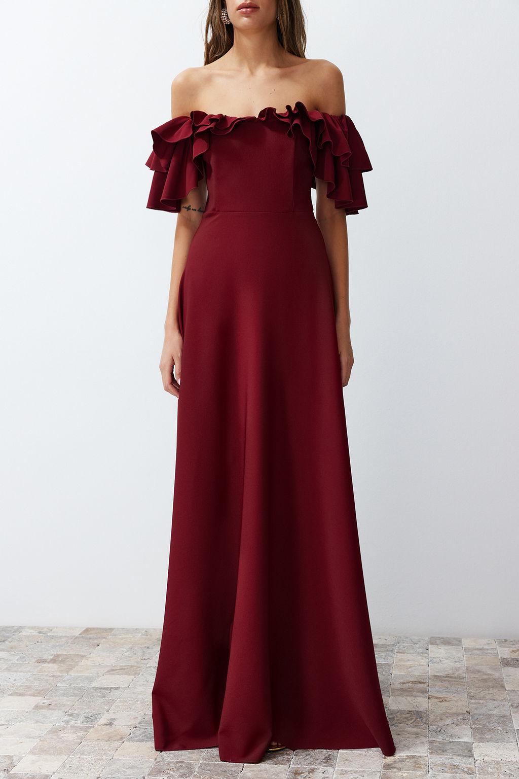 Bordo A-Kesim Volanl? Dokuma Uzun S?k Abiye Elbise TPRSS24AE00054