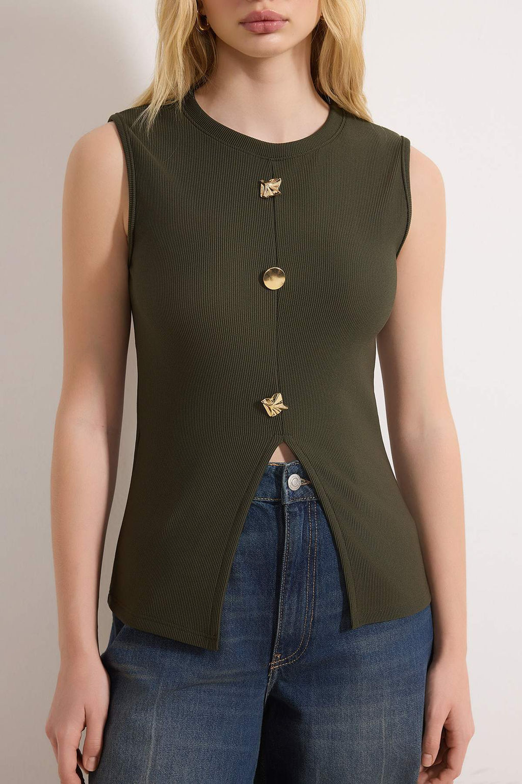 Haki Aksesuar Dugmeli Bisiklet Yaka Regular Boy Yelek Orme Bluz TWOSS25BZ00558