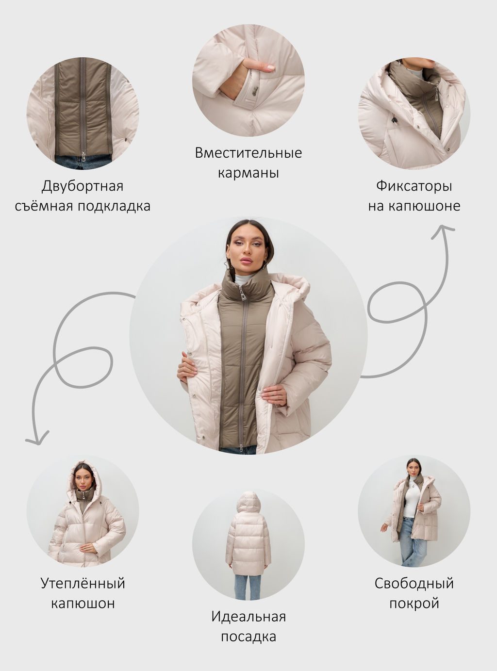 Куртка двубортная женская зимняя с капюшоном бежевого цвета 7736B Бренд: Visdeer  фото 25