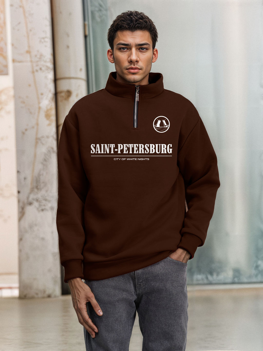 Толстовка мужская с зип-воротником "Saint Petersburg" коричневый