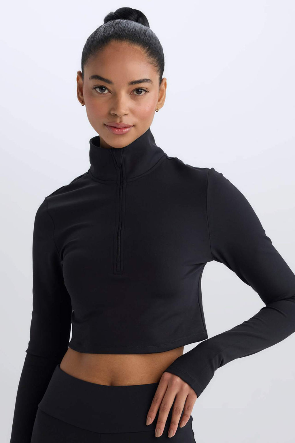 DeFactoFit Slim Fit Dar Kesim Dik Yaka Fermuarl? Crop Uzun Kollu Tisort  фото 7
