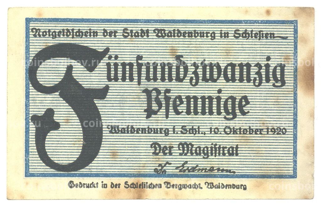 25 пфеннигов 1920 года Германия Нотгельд (Вальденбург)