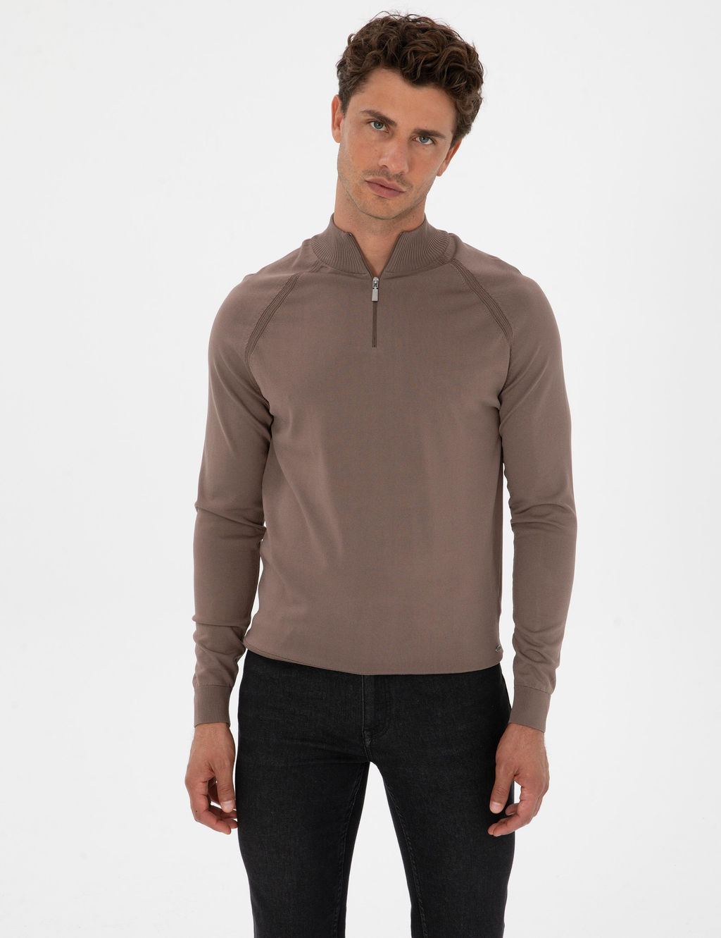 Vizon Slim Fit Dik Yaka Fermuarl_ Triko Kazak