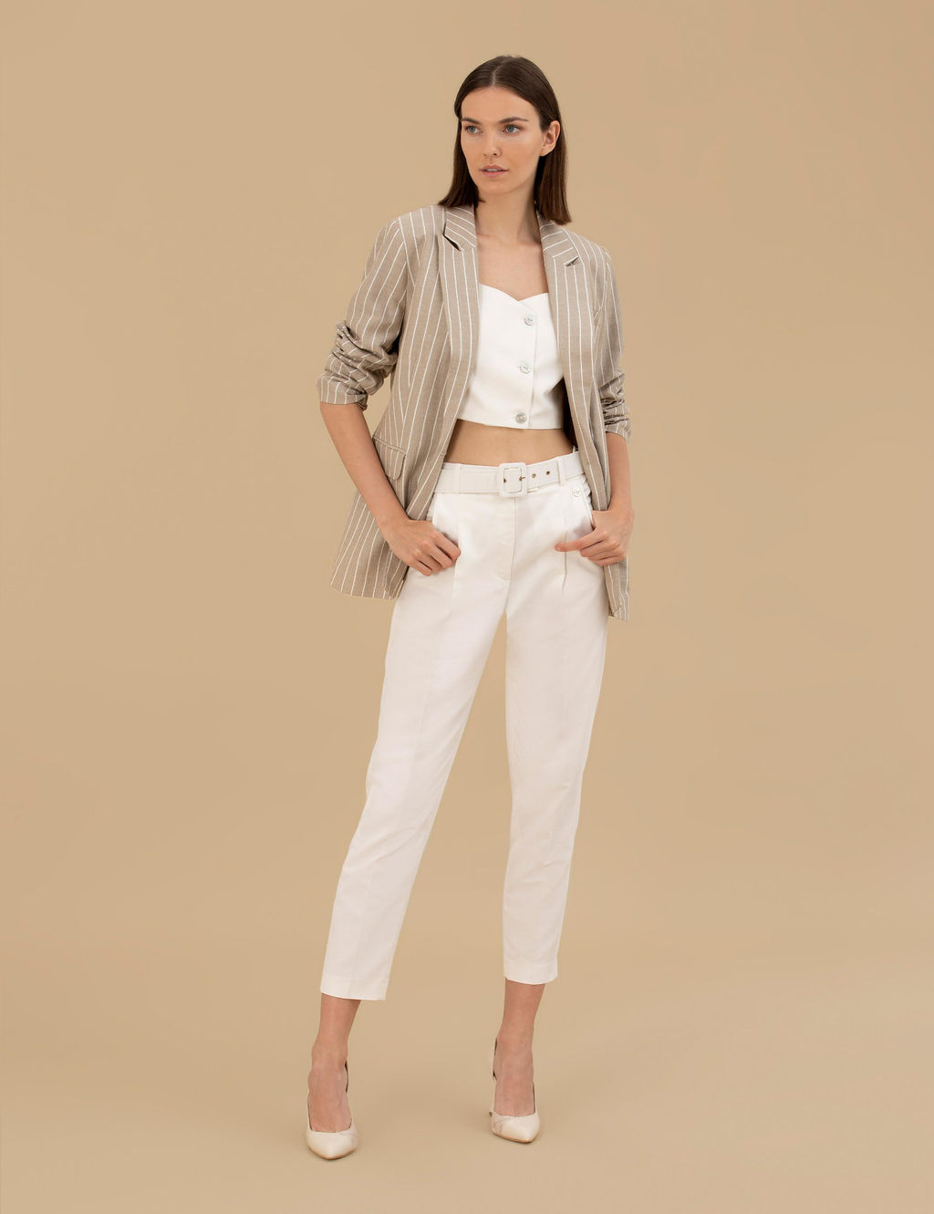 Bej Keten Kar___ml_ Comfort Fit Ceket