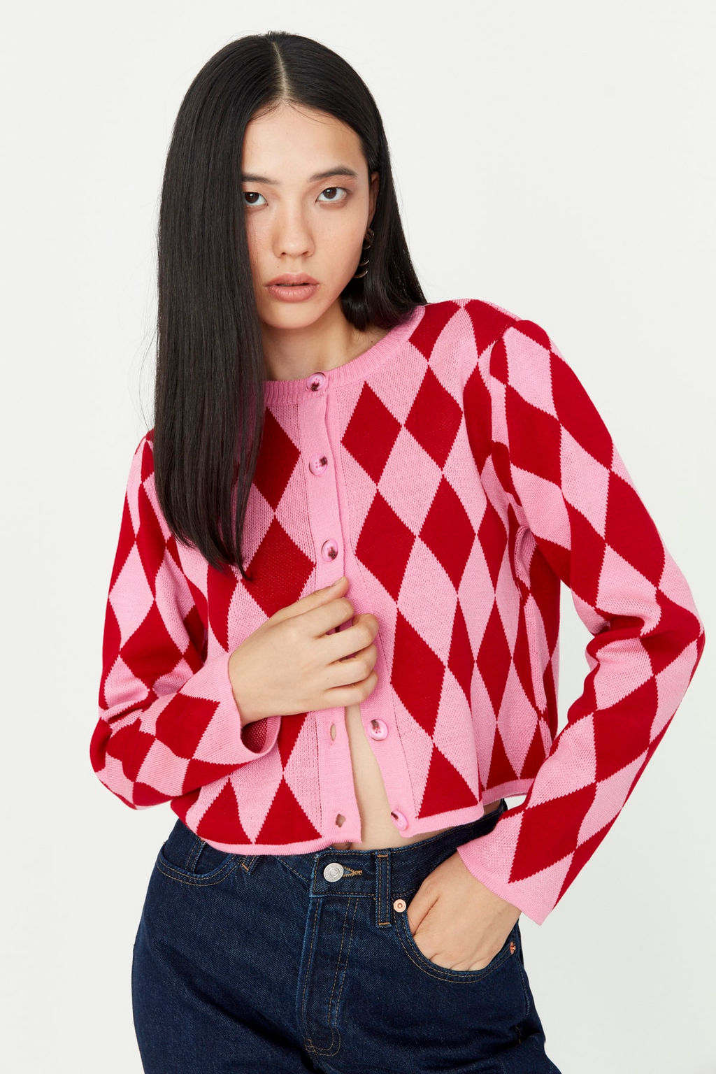 Pembe Crop Desenli/Jakarl? Ceket Gorunumlu Triko H?rka TWOAW23HI00176