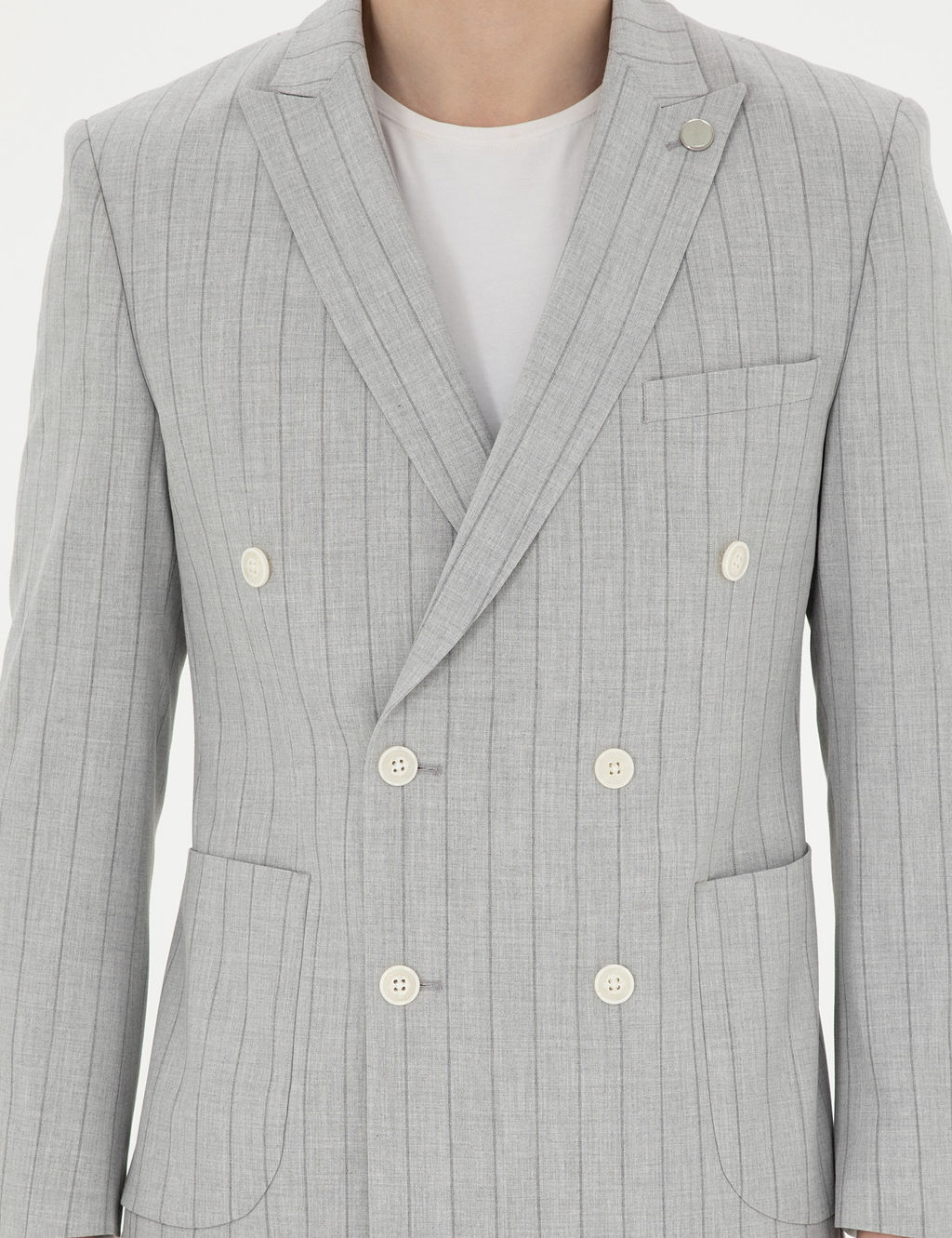 Gri Ekstra Slim Fit _izgili Kruvaze Tak_m Elbise