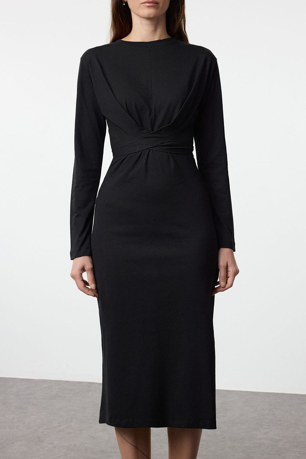 TRENDYOLMILLA Siyah %100 Pamuk Baglama Detayl? Vucuda Oturan Midi Orme Elbise TWOAW25EL00506  фото 4