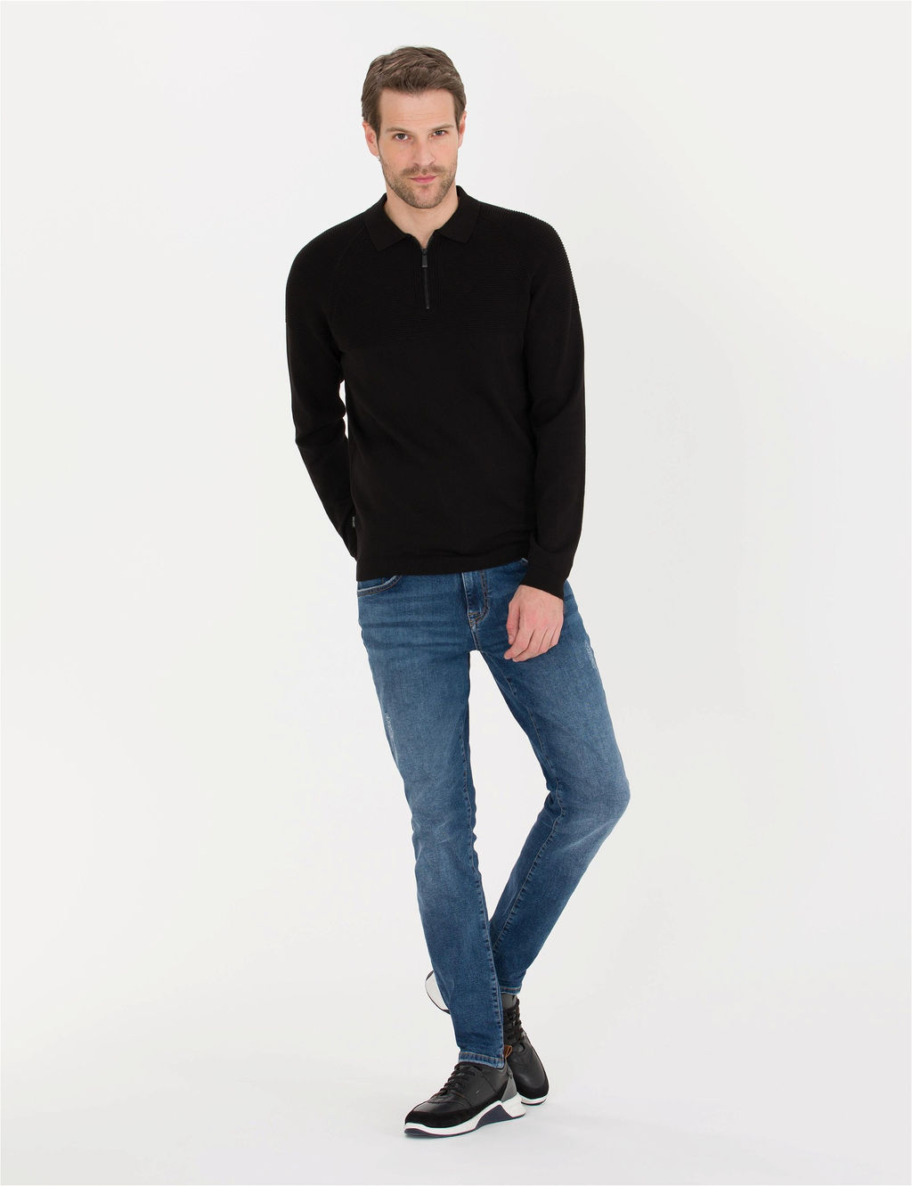 Siyah Slim Fit Fermuarl_ Polo Yaka Triko Kazak - Pierre cardin фото 4