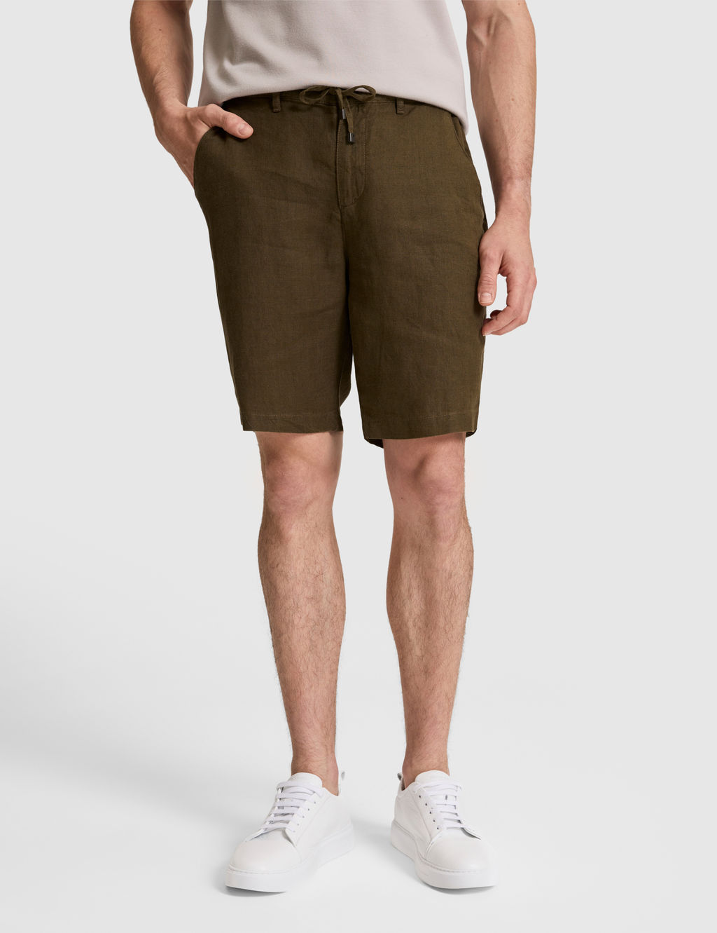 Haki Slim Fit %100 Keten Beli Lastikli Kordonlu Dokuma _ort