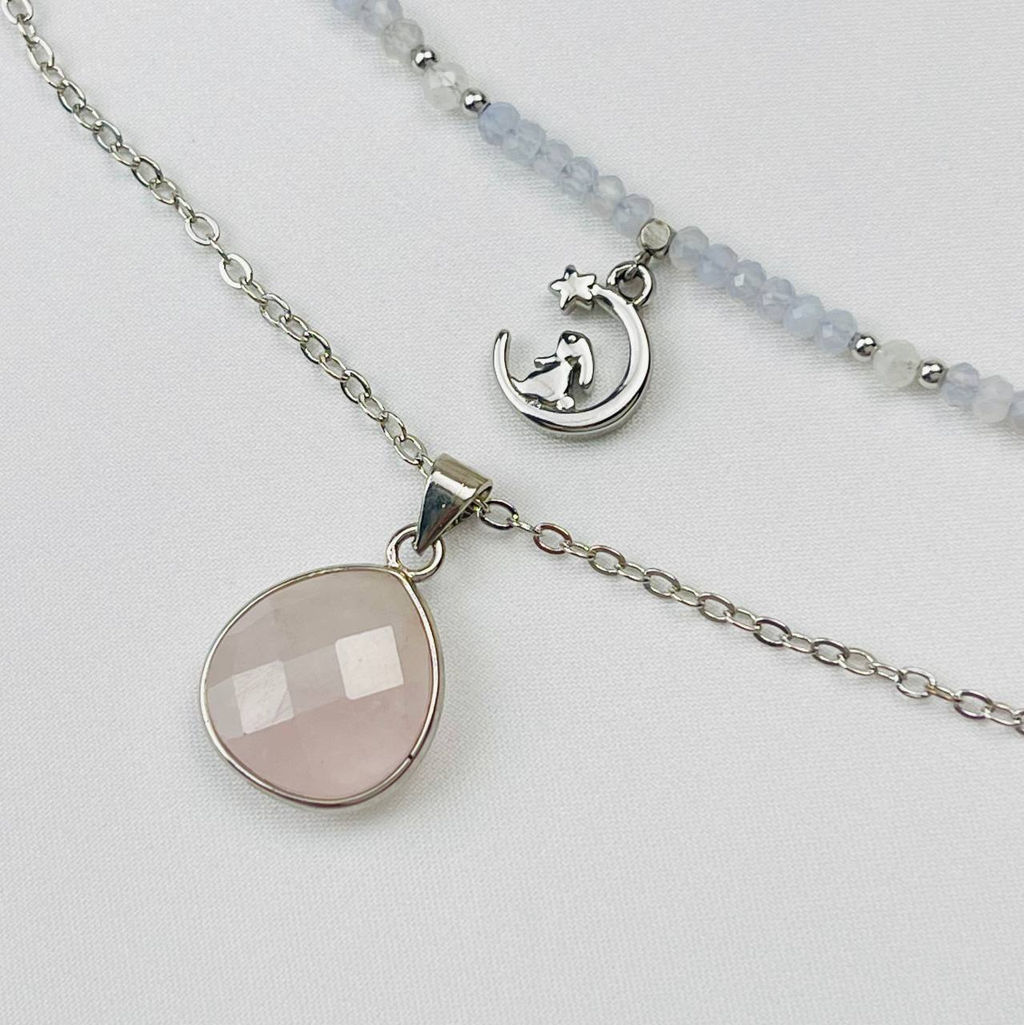 Колье двойное из Голубого агата Халцедон и Розового кварца - Радуга самоцветов фото 2