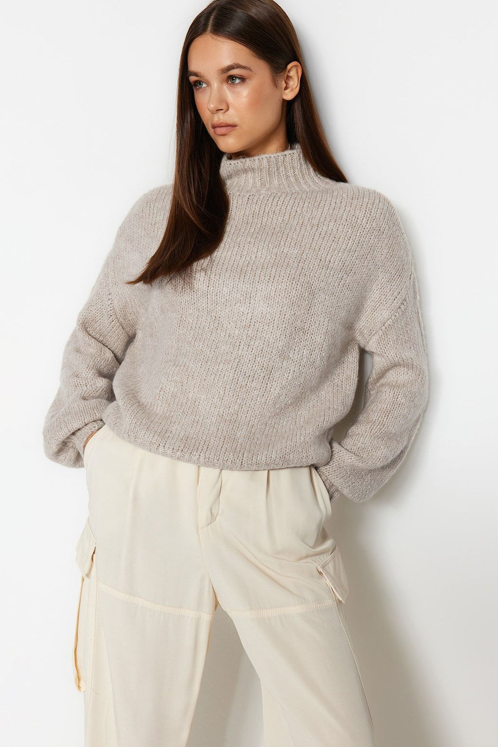 Tas Yumusak Dokulu Kal?n Bisiklet Yaka Triko Kazak TWOAW24KZ00290