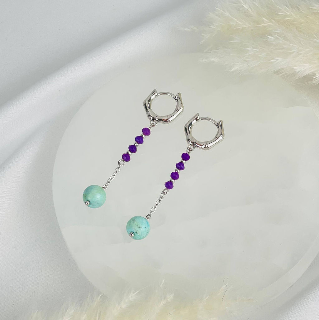 Серьги длинные из Фосфосидерита и Варисцита - Радуга самоцветов фото 2