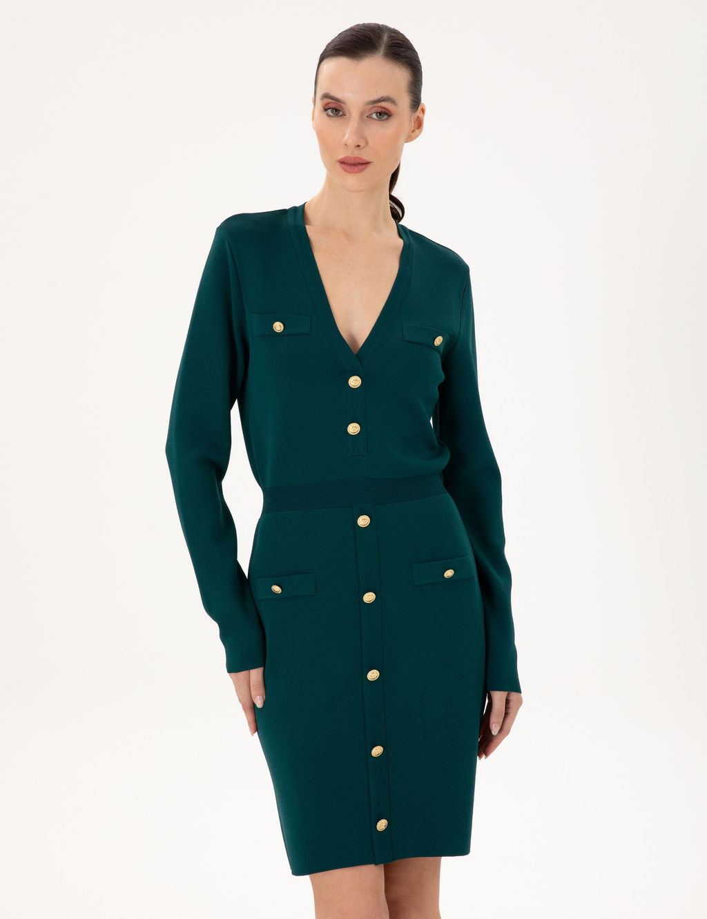 Koyu Ye_il Slim Fit Triko Elbise