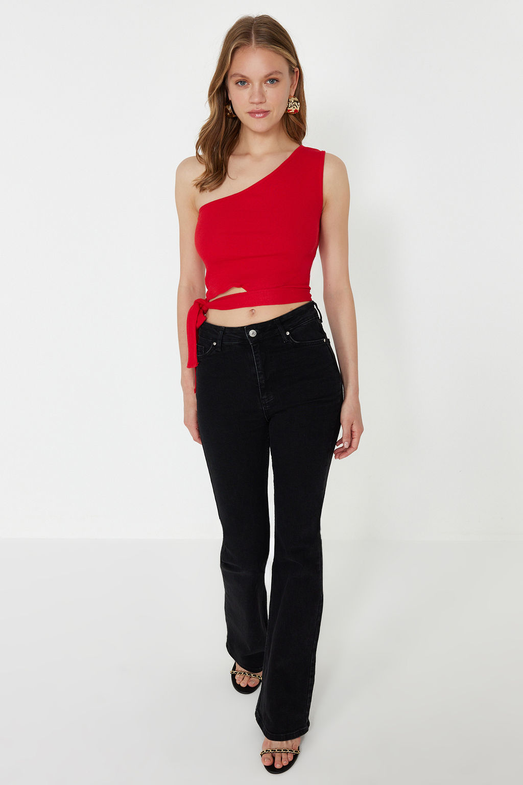 K?rm?z? Tek Omuz Fitted/Vucuda Oturan Baglama Detayl? Fitili Orme Bluz TWOSS22BZ1558