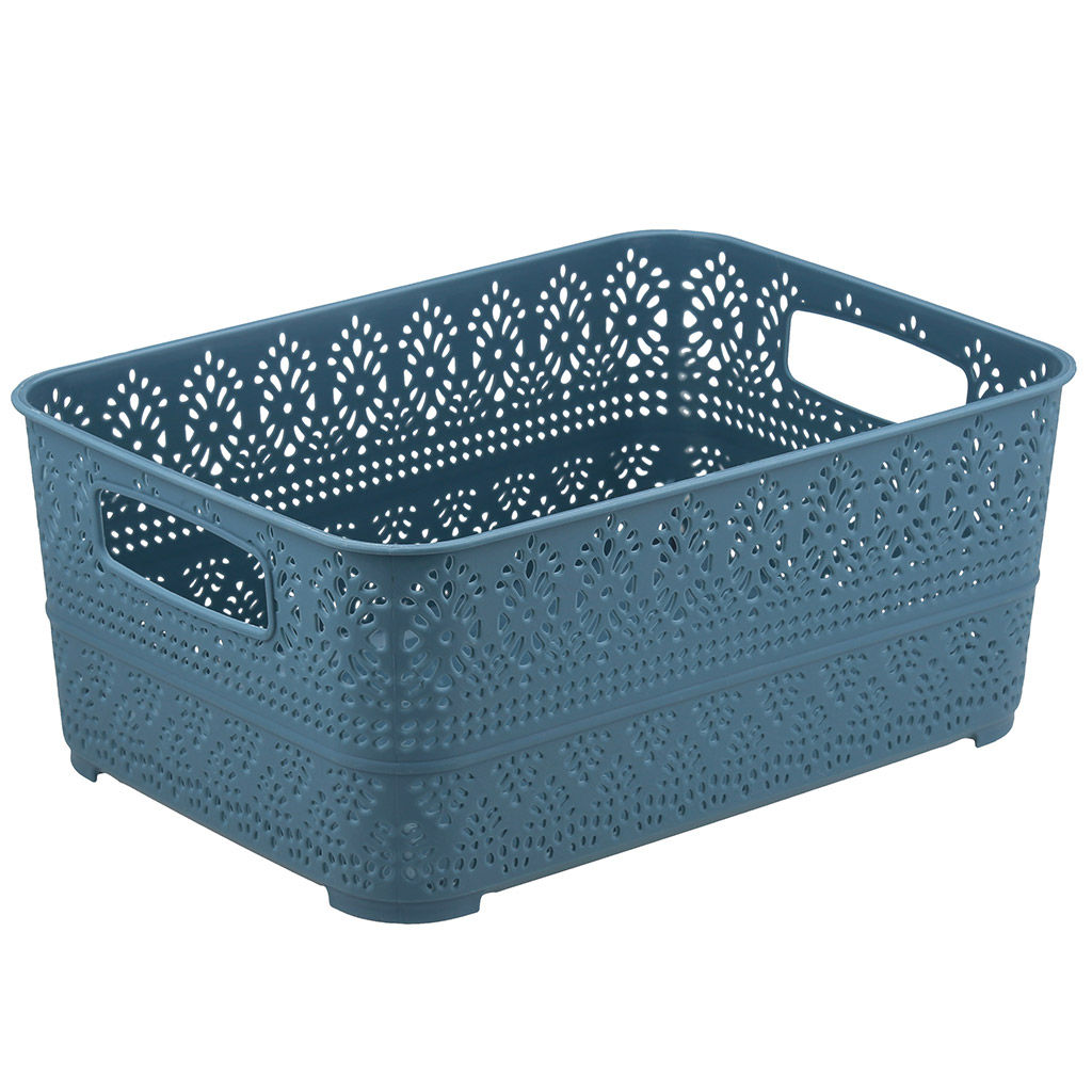 Домашняя мода Корзина пластмассовая для хранения Вышивка 26,5х19см h11,1см, матовый пластик, с серой крышкой, с ручками, синий (Китай)  фото 2