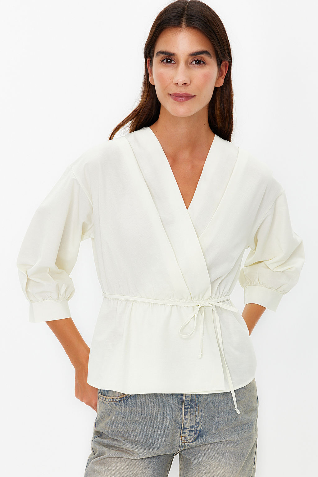 Trendyolmilla Camel Kruvaze Dokuma Baglama Detayl? Bluz TWOSS21BZ0287  фото 7