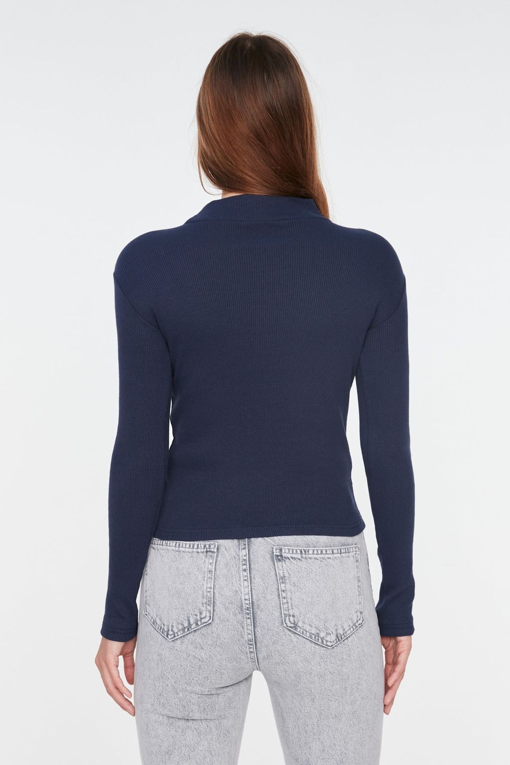 Lacivert Fitted/Vucuda Oturan Dik Yaka Uzun Kol Fitilli Esnek Orme Bluz TWOAW21BZ0423