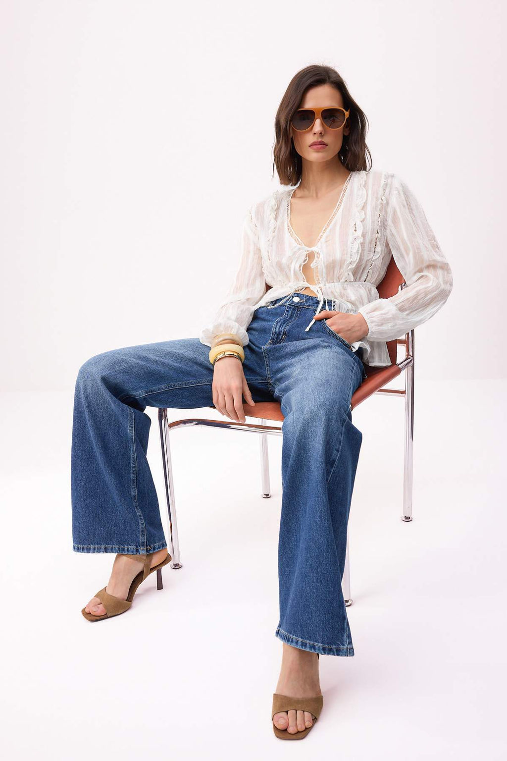 Mavi DOKUMLU Yuksek Bel 100% Pamuk Uzun Boy Wide Leg Jeans TWOSS26JE00133 - Trendyolmilla фото 5