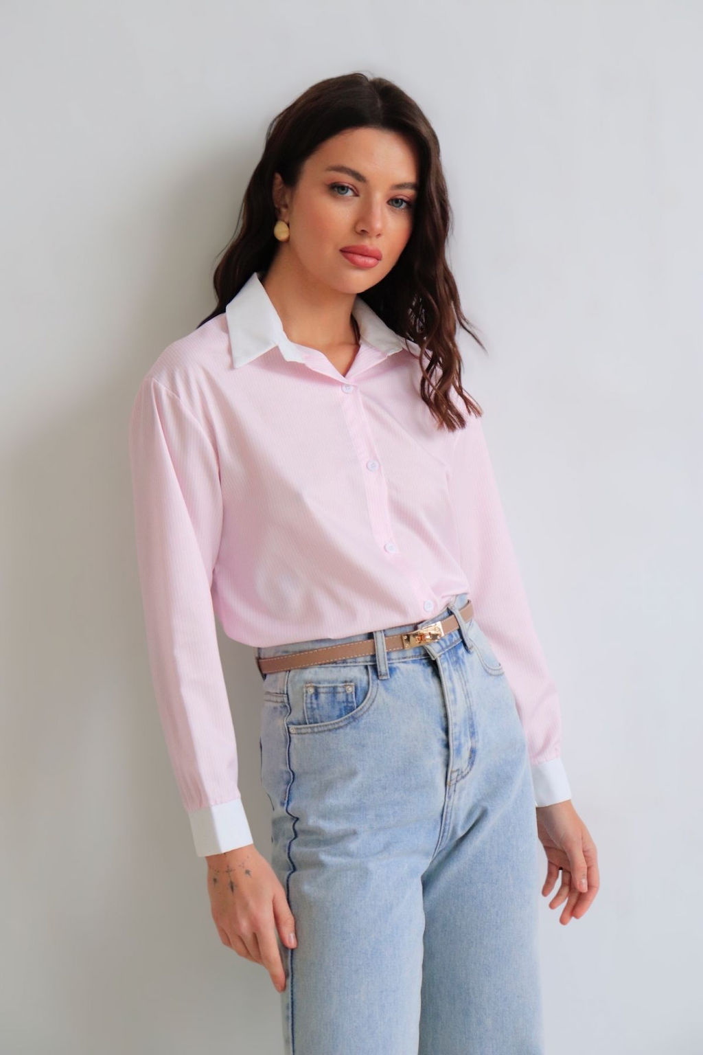 Martichelli Рубашка розовая в полоску с белым воротничком