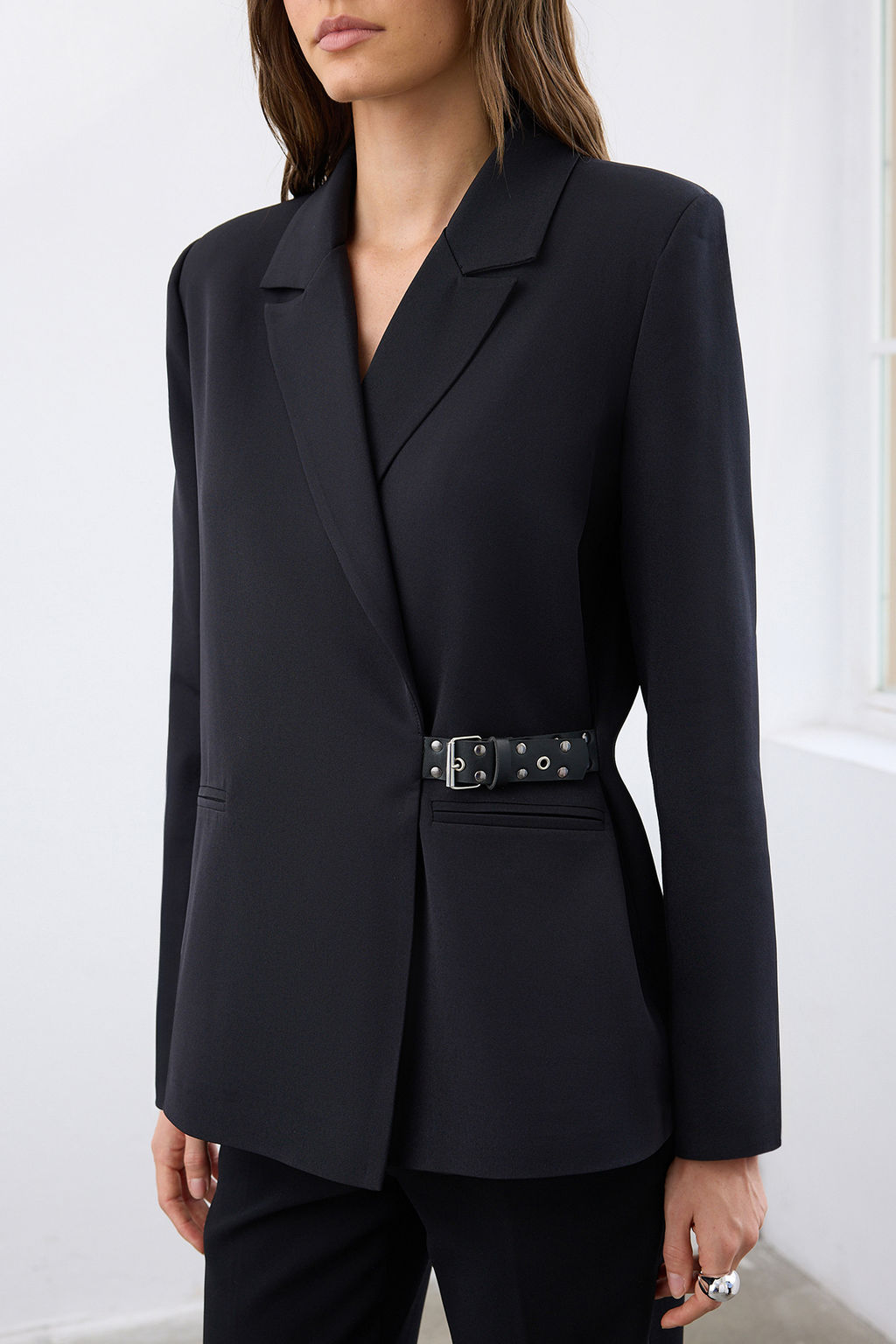 Siyah Kemer Aksesuar Kemerli Regular/Normal Kal?p Dokuma Blazer Ceket TWOAW26BC00027