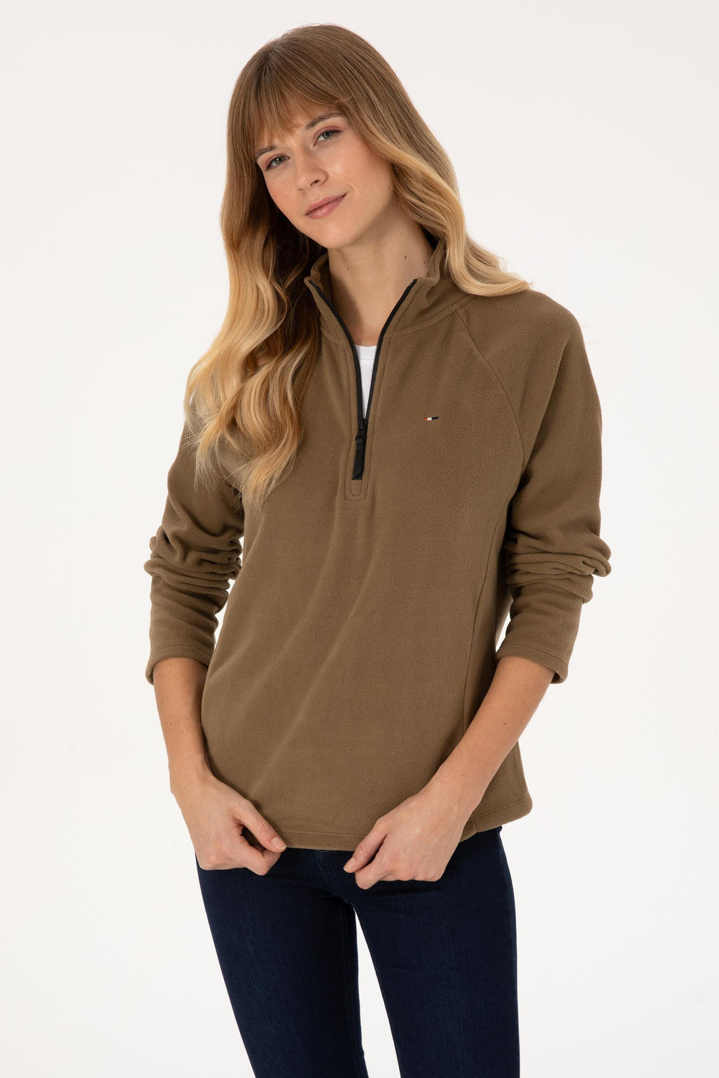 Kad_n A__k Haki Fermuarl_ Dik Yaka Polar Sweatshirt - U.s. polo assn фото 3