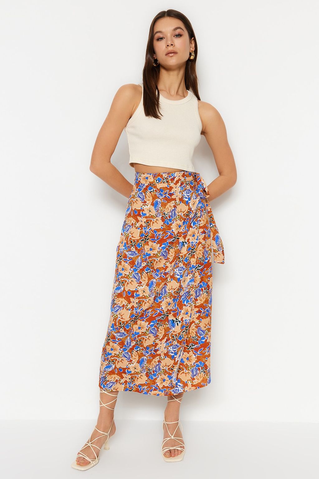 TRENDYOLMILLA Cok Renkli Cicek Desenli Viskon Kumasl? Midi Dokuma Etek TWOSS23ET00294 фото 11