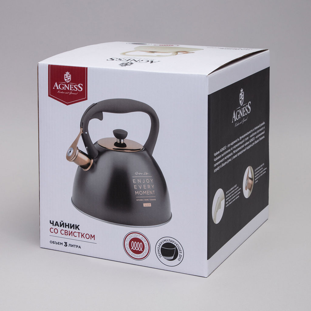 ЧАЙНИК AGNESS СО СВИСТКОМ, 3,0 Л ТЕРМОАККУМУЛИРУЮЩЕЕ ДНО, ИНДУКЦИЯ  фото 2