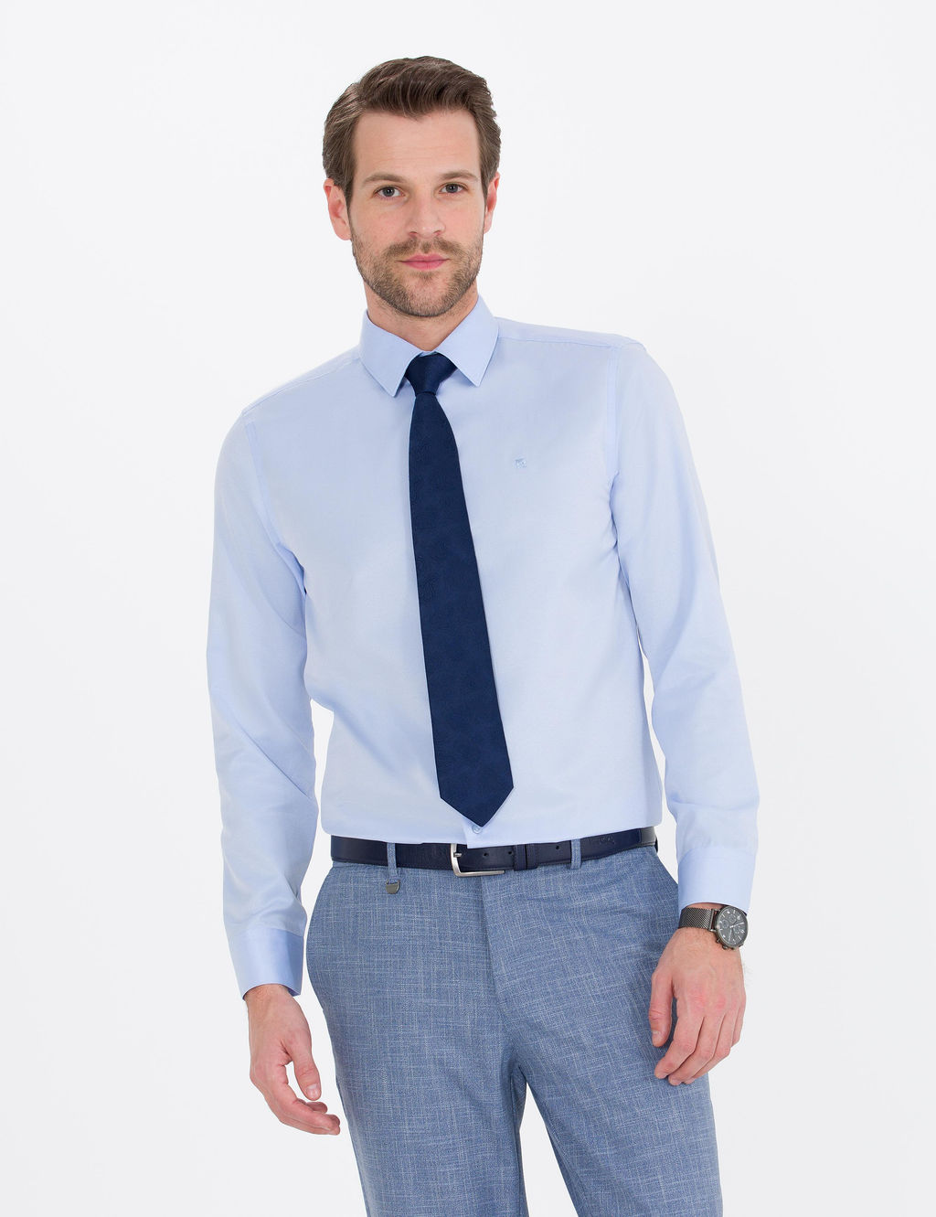 A__k Mavi Slim Fit Uzun Kollu Klasik G_mlek
