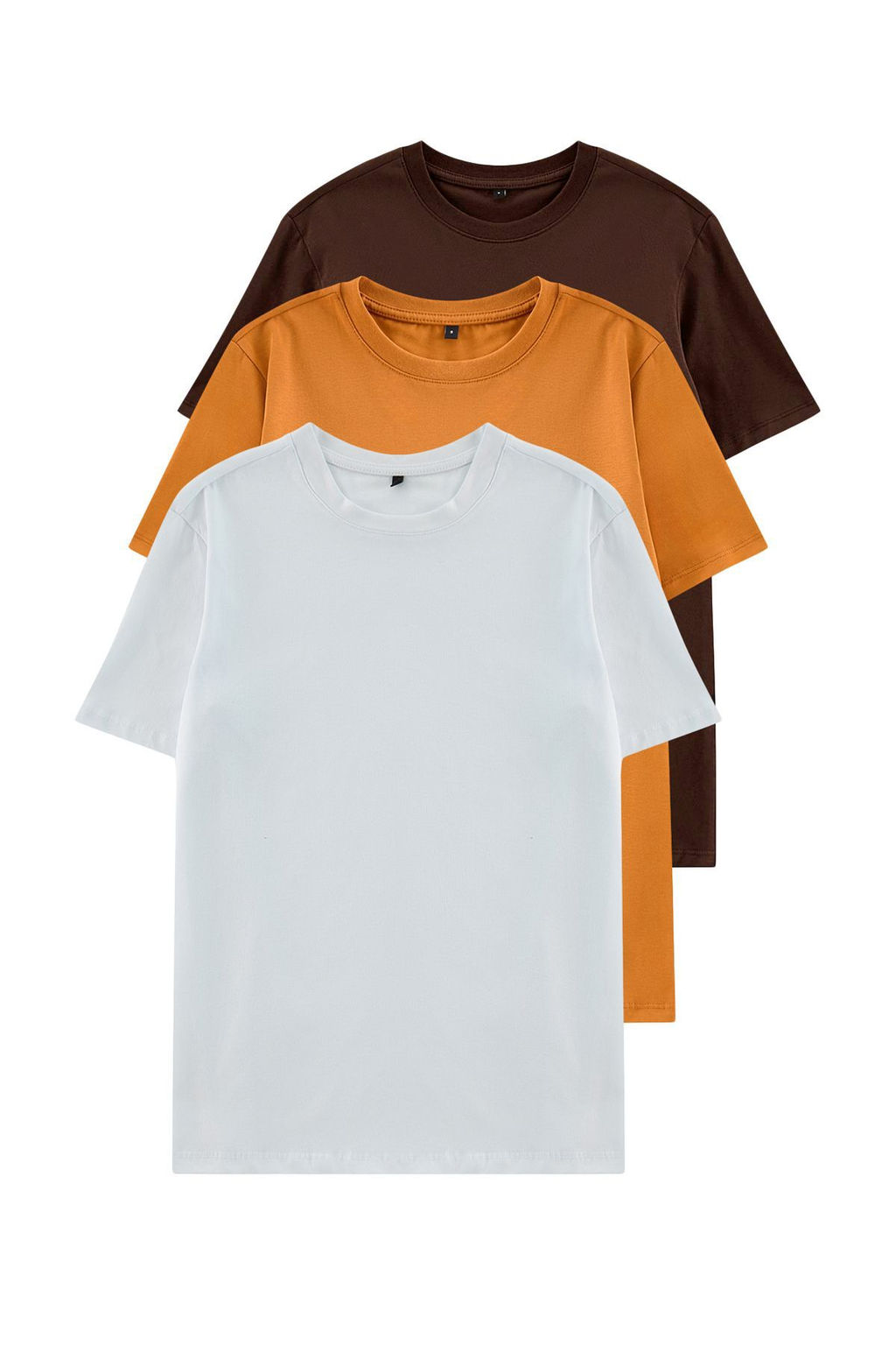 Koyu Kahverengi-Turuncu-Ekru Slim/Dar Kesim Bisiklet Yaka %100 Pamuklu 3lu T-Shirt TMNSS19BO0007