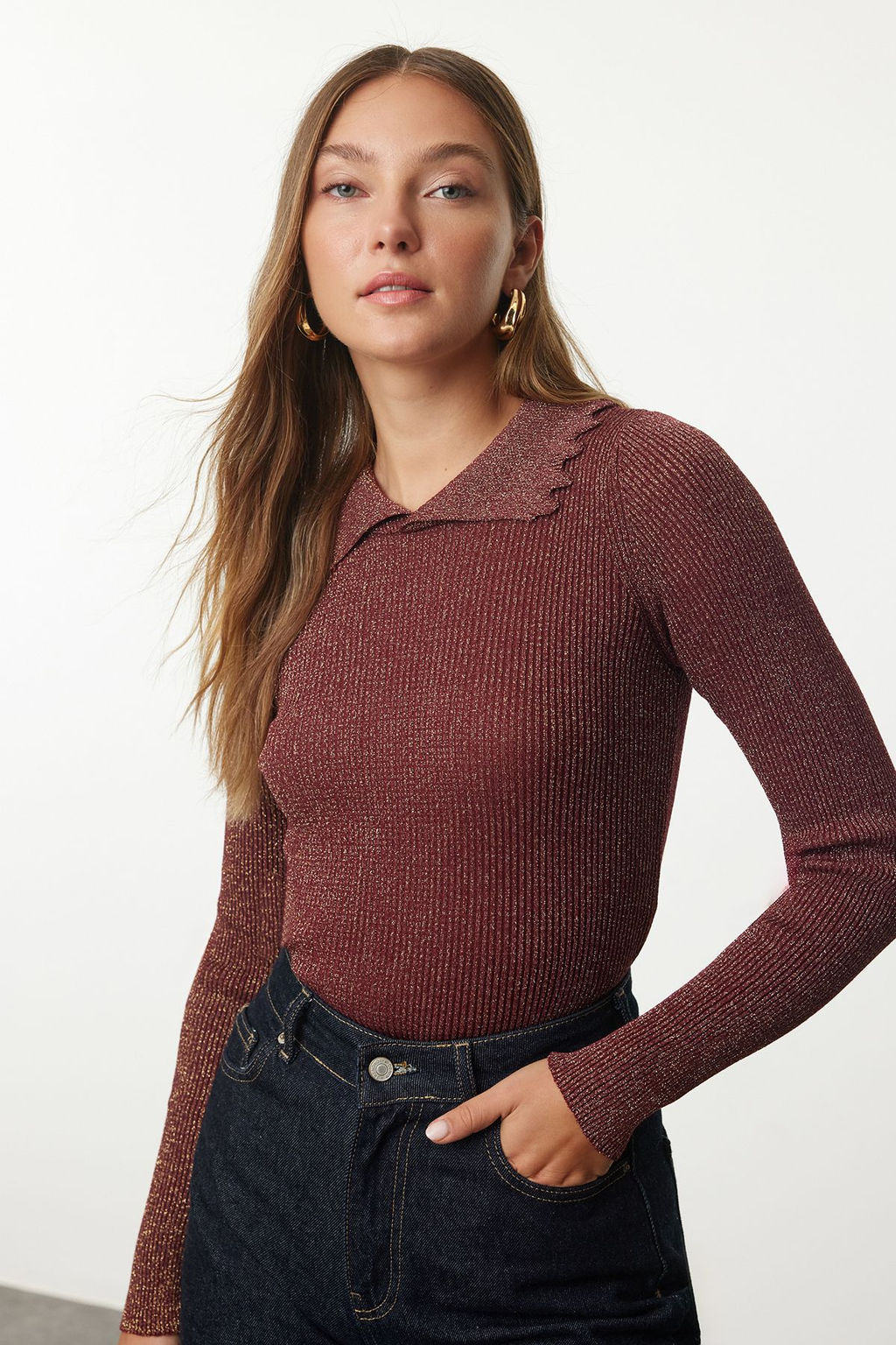 TRENDYOLMILLA Bordo Polo Yaka Triko Kazak TWOAW25KZ00289