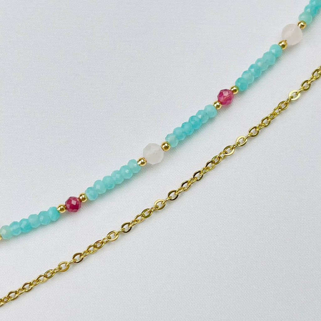 Колье двойное из Амазонита, Розового кварца и розового Турмалина - Радуга самоцветов фото 3